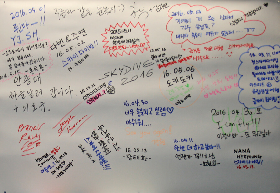 Passengers' messages written over one another on the wall in the hangar